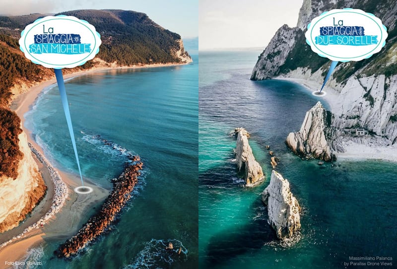 La spiaggia di San Michele e la spiaggia delle Due Sorelle: collage di due immagini dall'alto