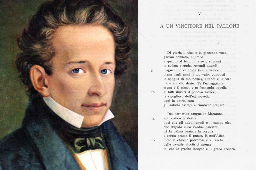 ritartto di giaocmo leopardi accostato alle parole di una sua poesia dedicata al gioco del pallone col bracciale 