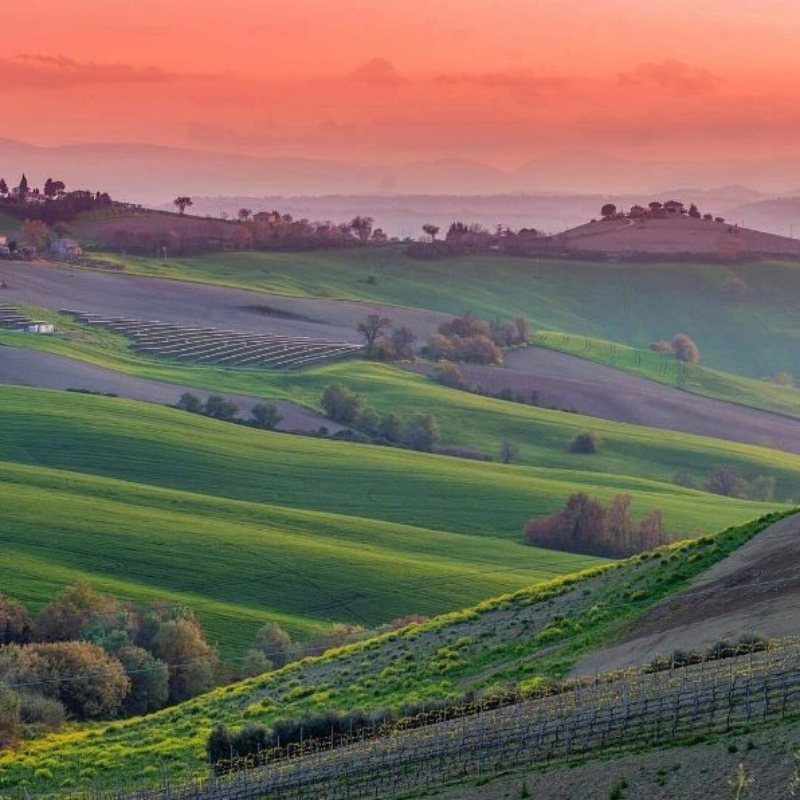 veduta panoramica di Monte San Giusto con colline al tramonto