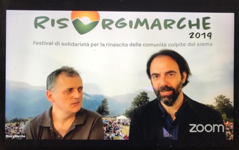 Gianbattista Tofoni  e Neri Marcorè alla conferenza stampa di lancio di RisorgiMarche 2019