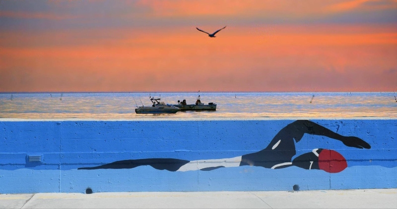 passeggiata del lisippo a fano con muirales colorati al tramonto 