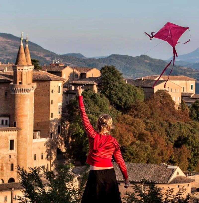 Aquilone in volo con sullo sfondo la città di Urbino 